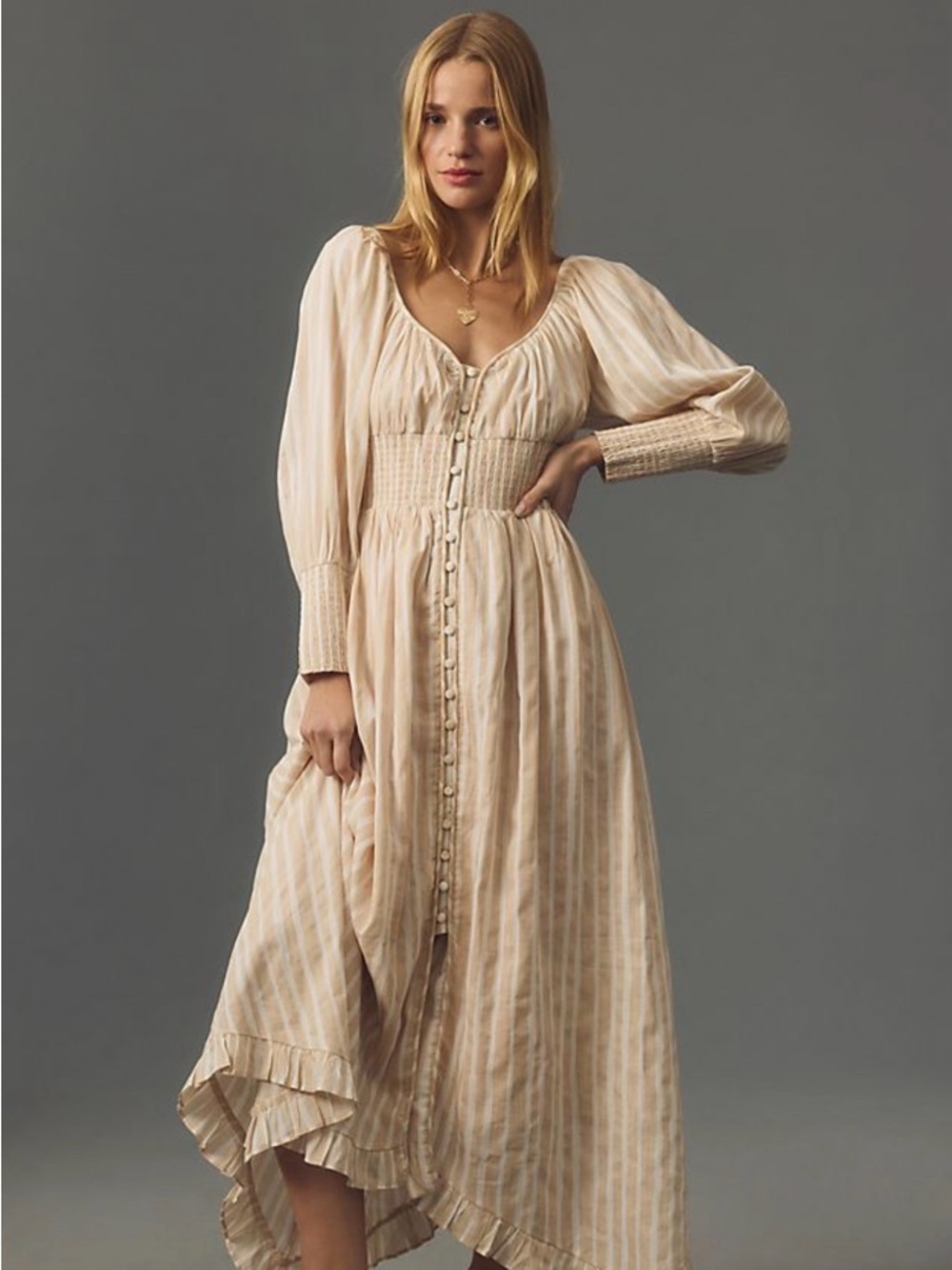 Anthropologie Blush Pink and White Striped Button Maxi Dress